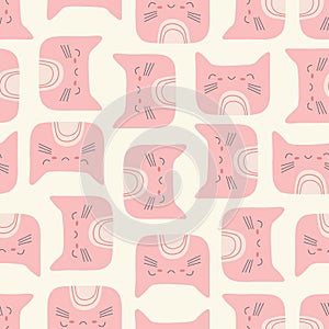 Cat pattern background design. Cute vector kawaii animal face seamless repeat in pinkand cream.