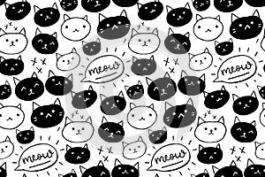 Cat pattern. Seamless background with black and white hand drawn cats and meow word. Cute pet texture. photo