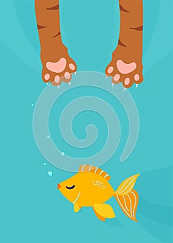 Cat paw catch, fishing gold fish under water vertical background. Fun cartoon vector illustration