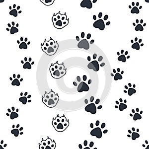 Cat paw pattern. Seamless dog foot print, wild animal and pat sunny paws silhouettes for background. Vector kitten and