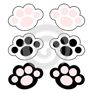 Cat paw print leg foot icon set with pink and black pads. Cute cartoon kawaii funny character body part line silhouette. Flat