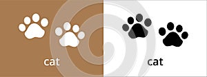 Cat paw print trail icon. Cute cats foot print track icons vector set. Black and white. Isolated vector illustration. Paw