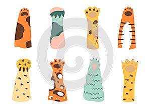 Cat paw set. Wild animals cartoon colored cat paws. Collection of various cute cartoon domestic animal foot