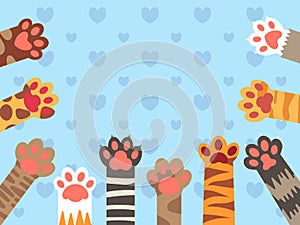 Cat paws. Cute kitten paw, cats claws and funny domestic pets vector background illustration