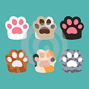 Cat paws vector illustration. Set kitten paw or dog paw icons. Collection different cartoon colored cat paws. Cute cartoon animal