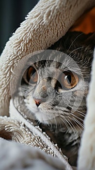 Cat Peeking Out From Under Blanket - Adorable Feline Curiously Observing Its Surroundings