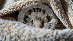 Cat Peeking Out From Under a Blanket, Curious Feline Finds Cosy Hideaway