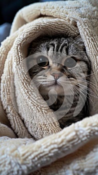 Cat Peeking From Under Blanket, Curious Feline Spotted in Cozy Hideaway photo