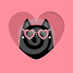 Cat peeks out of a heart hole. Happy Valentines day. Kitten in heart. Heart shape sunglasses, hearts glass. Black kitty kitten.