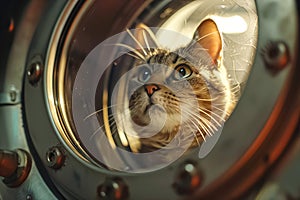 Cat peering through a spacecraft porthole with curiosity