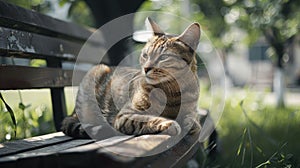 a cat perched upon a bench, basking in the sunlight with an air of serene contentment.