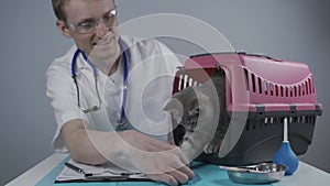 Cat in pet carrier on examination table of veterinarian clinic with pet doctor. Male veterinarian in white medical suit