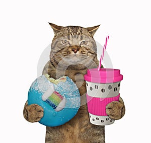 Cat with pink cup of coffee