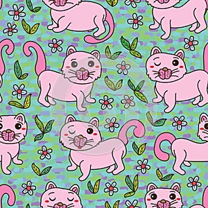 Cat pink cute green land seamless pattern