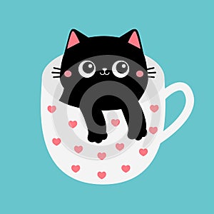 Cat in pink heart tea coffee cup. Happy Valentines Day. Black kitten. Paws hand. Cute cartoon funny baby animal pet character.