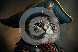 Cat pirate captain wearing a tricorn hat illustration generative ai