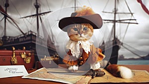 Cat in a Pirate Hat and Coat with a Map and a Chest on a Desk, AI Generated Illustration, Realistic