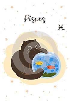 Cat Pisces in cartoon style. Postcard with zodiac sign. Vector graphics