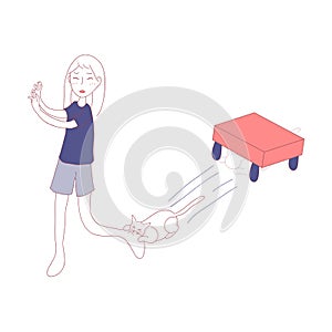 Cat Play Hunting by Stalker Girl and Attack Her Ankle. Vector illustration. isolated on White Background