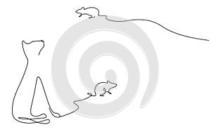 Cat play with mouse toy, domestic animal one line drawing vector