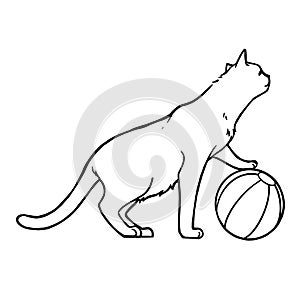 A Cat playing a ball. Line art cartoon character black ink hand painting for decoration in pet artwork advertising, coloring book