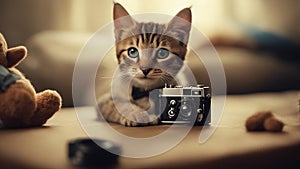 cat playing with camera A playful kitten with a whimsical expression, taking photos with a vintage camera,