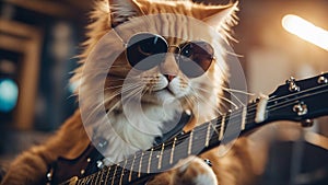 cat playing guitar A comical Scottish Straight cat wearing oversized sunglasses and a rockstar , playing an electric guitar