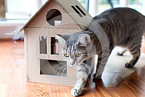 cat playing inside a cardboard house with cutout windows