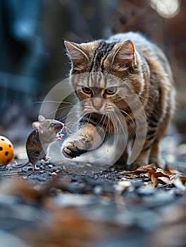 A cat is playing with a mouse in the ground