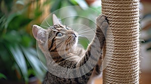 A cat playing with a rope on the top of its scratching post, AI