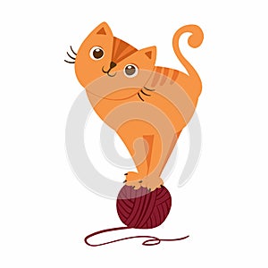 Cat playing with yarn ball. Cute playful kitten character. Cozy postcard.