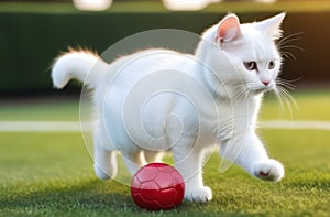 cat plays football on green grass in the garden