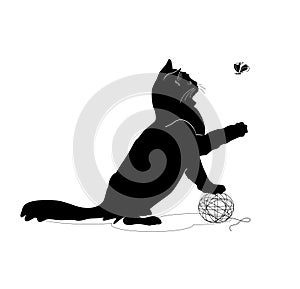 Cat plays image for logo or card. Black cat simbol.