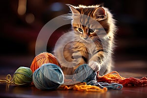 Cat plays with a knitted ball