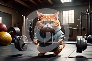 the cat plays sports in the gym, lifts a heavy barbell