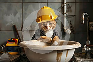 Cat Plumber, Handsome Positive Sanitary Technician Cat, Cat Repair Plumbing, Sink Installation