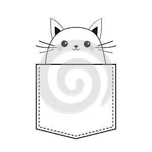 Cat in the pocket. Doodle linear sketch. Pink cheeks. Cute cartoon animals. Kitten kitty character. Dash line. Pet animal. White a