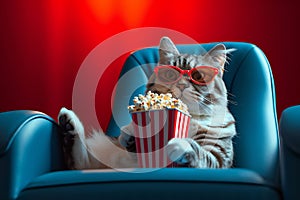 cat with pop corn and sunglasses at cinema, AI generated