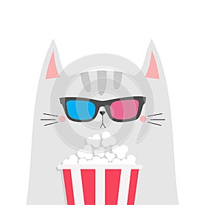 Cat and popcorn. Cinema theater. Cute cartoon funny character. Film show. Kitten watching movie in 3D glasses. Kids print for