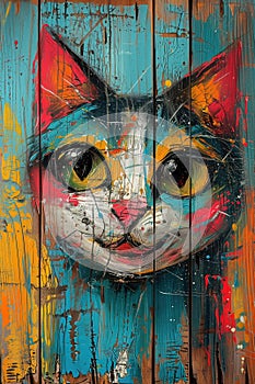 Cat Portrait Street Art Mural, Colorful Pet and Animal Painting