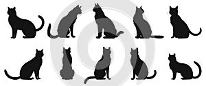 Cat poses black silhouettes. Sitting cats friends isolated set, kitty outline vector icons on white