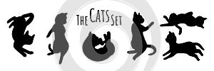 Cat poses doodle set. Cats silhouettes in different poses. Vector illustration