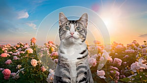 Cat posing against flower field with roses, happy sunny