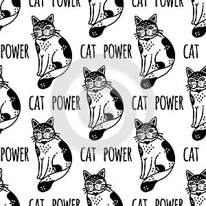 Cat power seamless vector pattern. Cute spotted kitten sits and smiles. Animal in a collar with a heart. Simple doodle