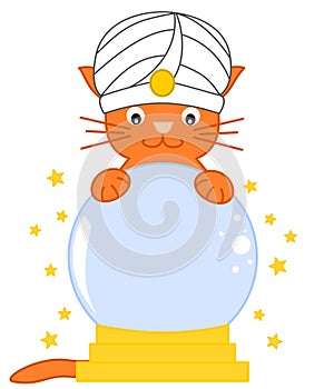 Cat predict future with magic crystal ball cartoon illustration