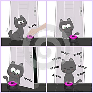 cat pressing the exit button cartoon