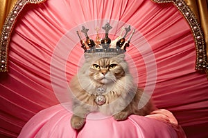 Cat in a princess pink costume portrait as a historical funny portrait. Crown and palace interior on the background