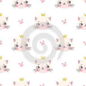 Cat princess seamless pattern. Kitty in gold crown, cute funny print for girl. Childish nursery graphic, baby fabric art