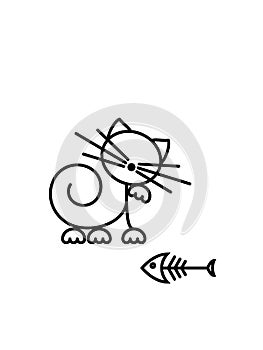 Cat Print. Funny kitten playing with a fish. Minimalist Art