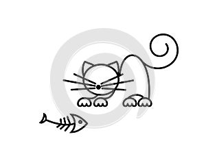 Cat Print. Funny kitten playing with a fish. Minimalist Art